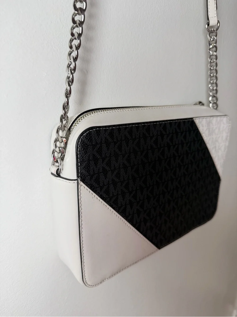 Michael Kors Black and White Diagonal Colorblock Messenger Bag